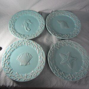 set of 4 cracker barrel blue plate sea & clam shell, sea horse, star fish (w1100